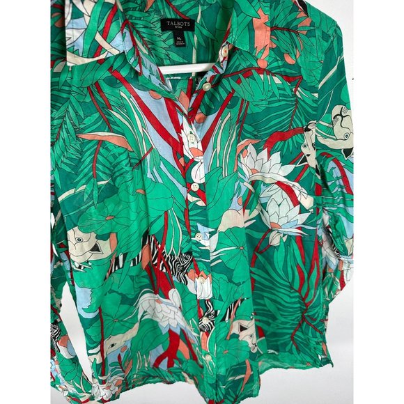 Talbots Jungle Tiger Blouse Top Button Up Womens Medium Petite MP Colorful - Picture 5 of 10